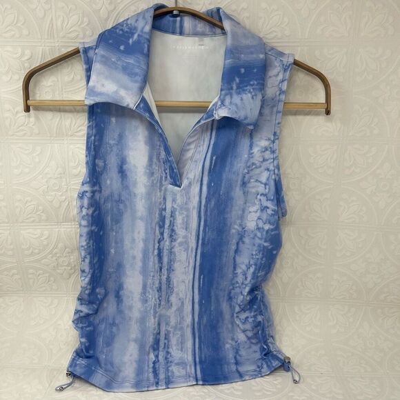 Travis Mathew Blue White Salt Air Don't Care Sleeveless Polo Shirt Size XS - Picture 2 of 5